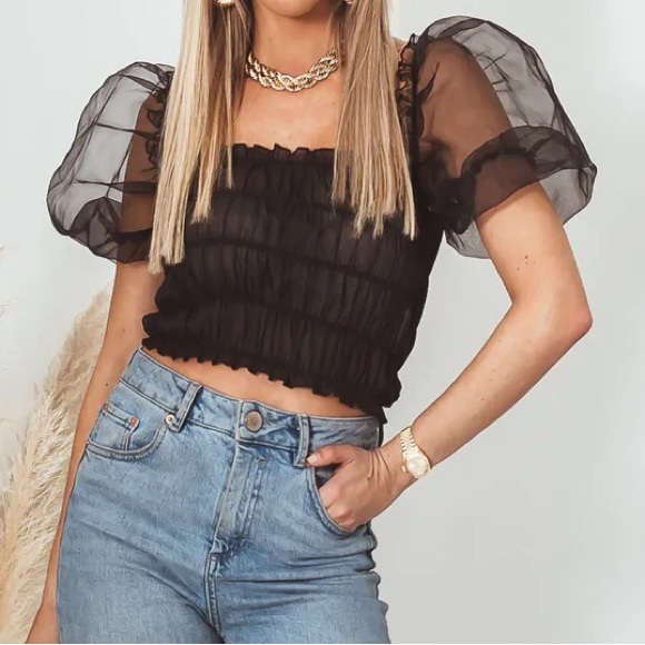 Mesh puff sleeve crop top - Black - Picture 3 of 7